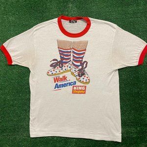 Vintage 80s Walk America Ringer T-Shirt Single Stitch Paper Thin White M
